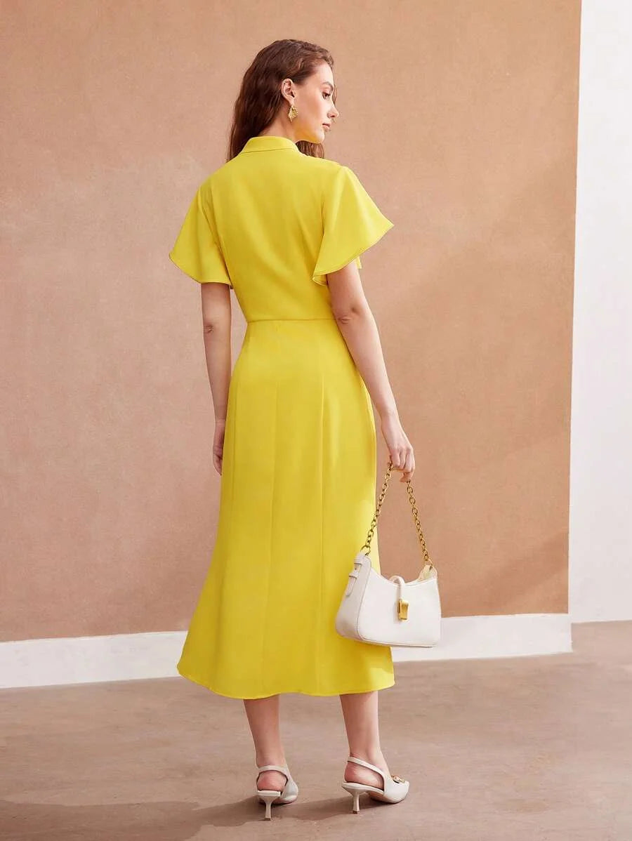 PREMIUM WOVEN TIE NECK RUFFLE TRIM DRESS FOR WOMENSUMMER OUTFITS