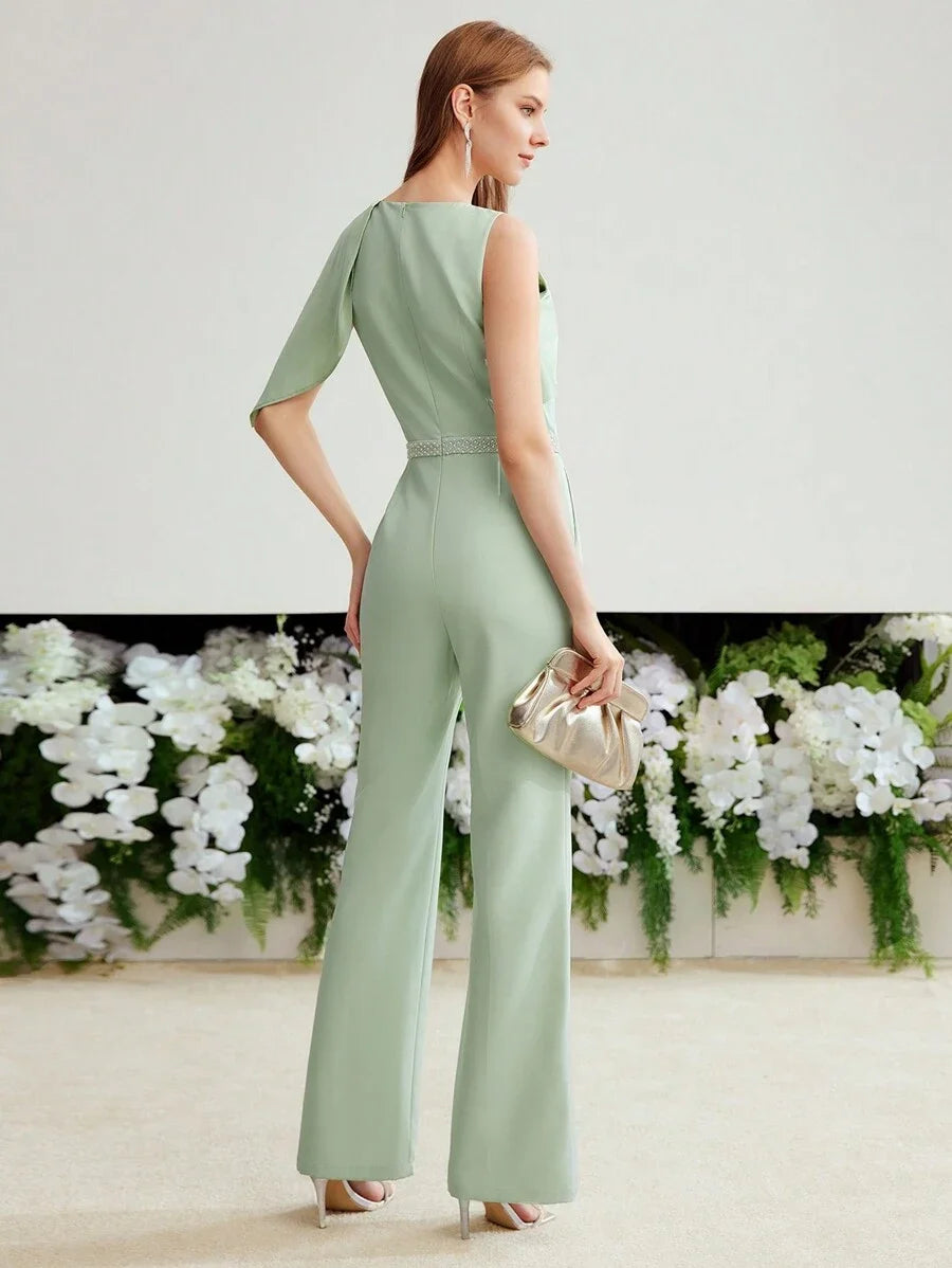 PREMIUM WOVEN WOMENS ASYMMETRICAL SHOULDER SEAM FRONT JUMPSUITHOLIDAY PARTY BIRTHDAY FORMAL EVENING