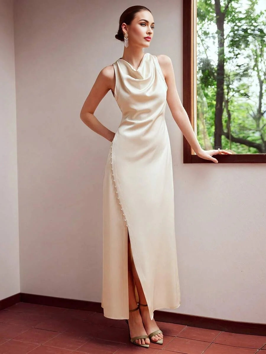 PREMIUM WOVEN WOMENS COWL NECK BUTTON SPLIT HEM DRESSHOLIDAY PARTY BIRTHDAY FORMAL EVENING OCCASSION