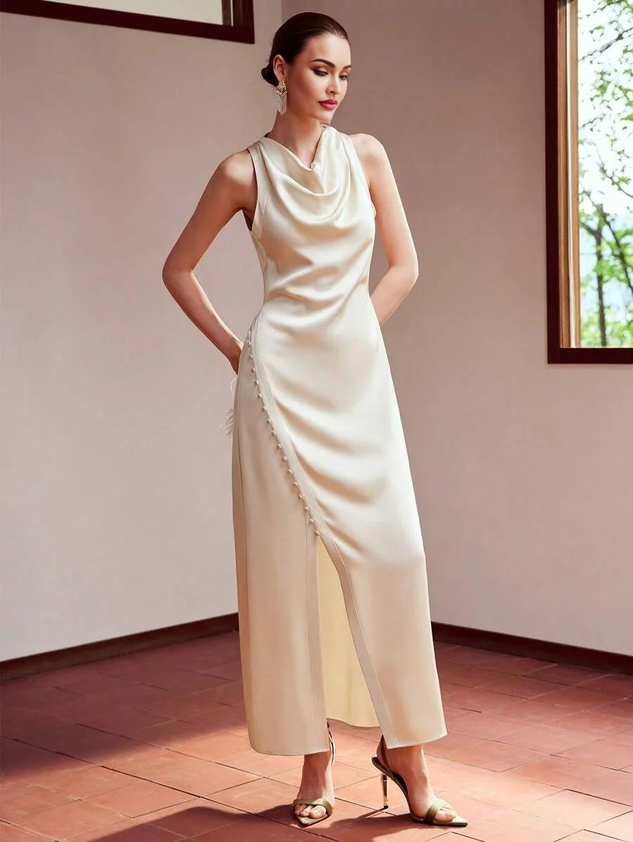 PREMIUM WOVEN WOMENS COWL NECK BUTTON SPLIT HEM DRESSHOLIDAY PARTY BIRTHDAY FORMAL EVENING OCCASSION