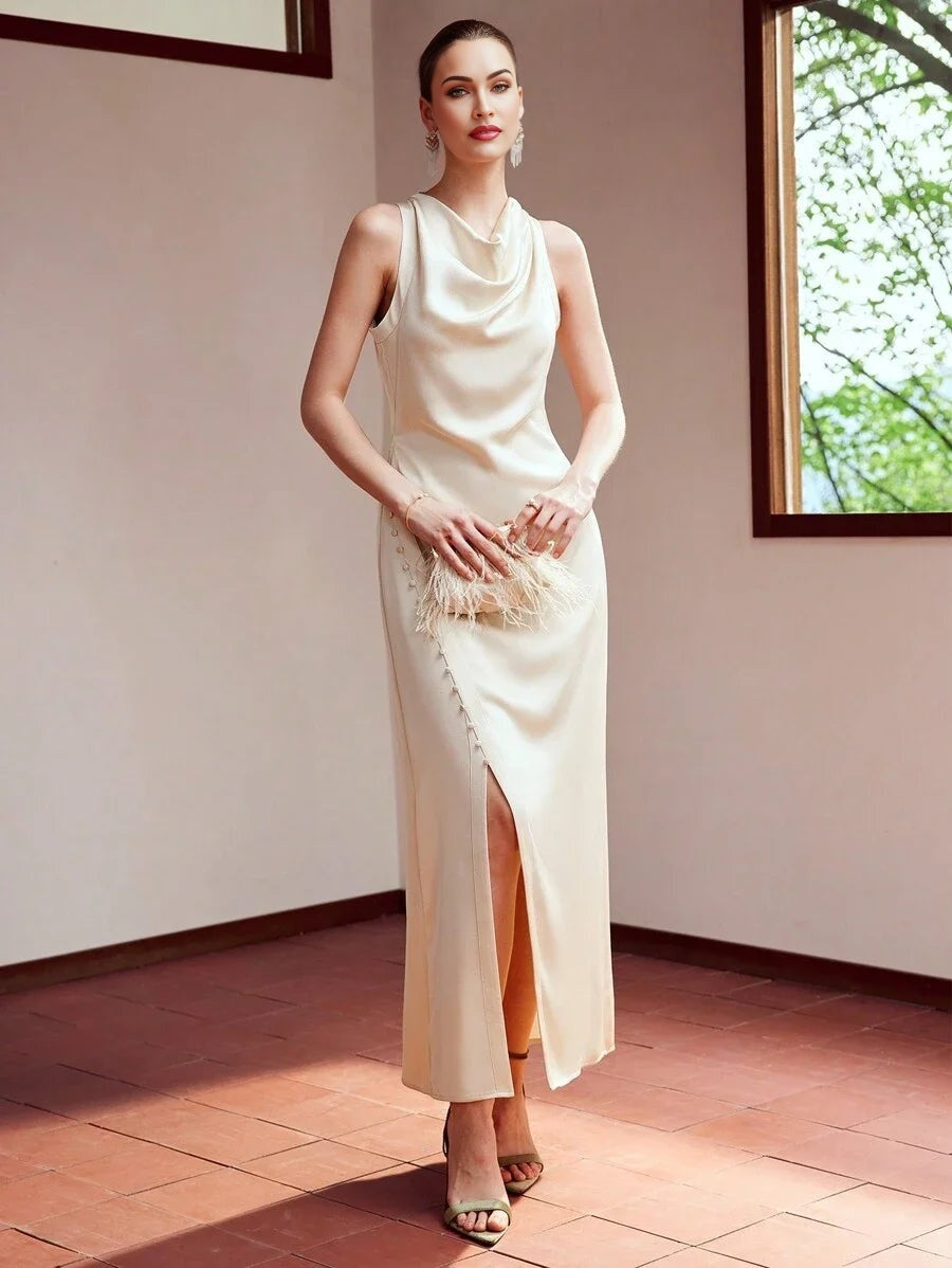 PREMIUM WOVEN WOMENS COWL NECK BUTTON SPLIT HEM DRESSHOLIDAY PARTY BIRTHDAY FORMAL EVENING OCCASSION