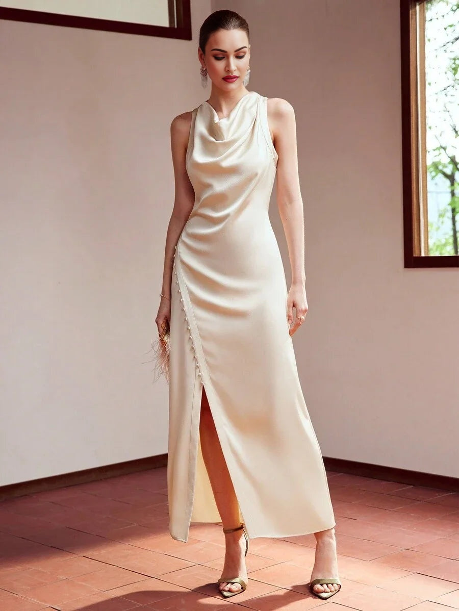 PREMIUM WOVEN WOMENS COWL NECK BUTTON SPLIT HEM DRESSHOLIDAY PARTY BIRTHDAY FORMAL EVENING OCCASSION