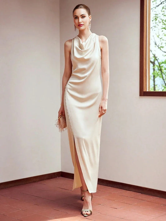 PREMIUM WOVEN WOMENS COWL NECK BUTTON SPLIT HEM DRESSHOLIDAY PARTY BIRTHDAY FORMAL EVENING OCCASSION