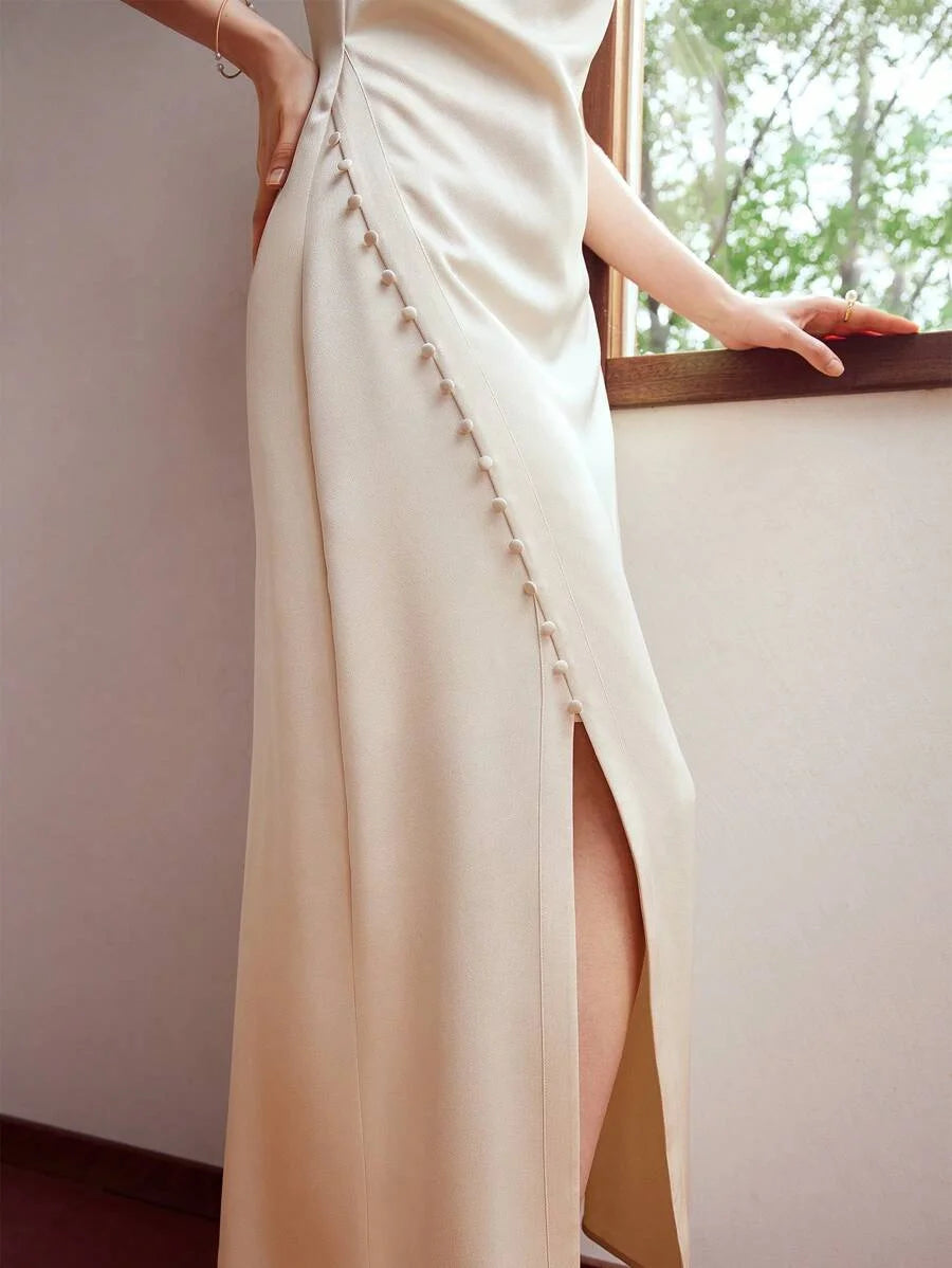 PREMIUM WOVEN WOMENS COWL NECK BUTTON SPLIT HEM DRESSHOLIDAY PARTY BIRTHDAY FORMAL EVENING OCCASSION