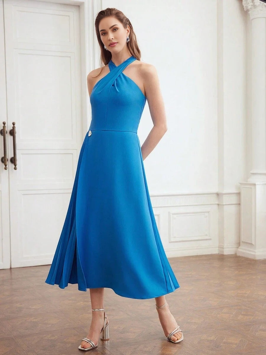 PREMIUM WOVEN WOMENS CRISSCROSS HALTER NECK PLEATED PANEL DRESSHOLIDAY PARTY BIRTHDAY FORMAL