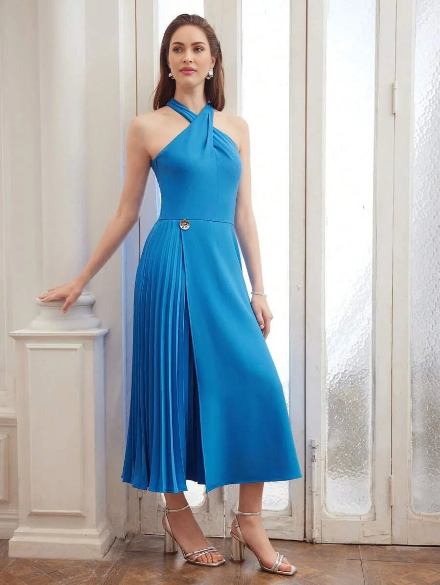 PREMIUM WOVEN WOMENS CRISSCROSS HALTER NECK PLEATED PANEL DRESSHOLIDAY PARTY BIRTHDAY FORMAL