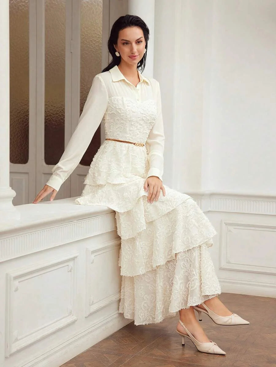 PREMIUM WOVEN WOMENS JACQUARD APPLIQUE LAYERED RUFFLE HEM DRESS