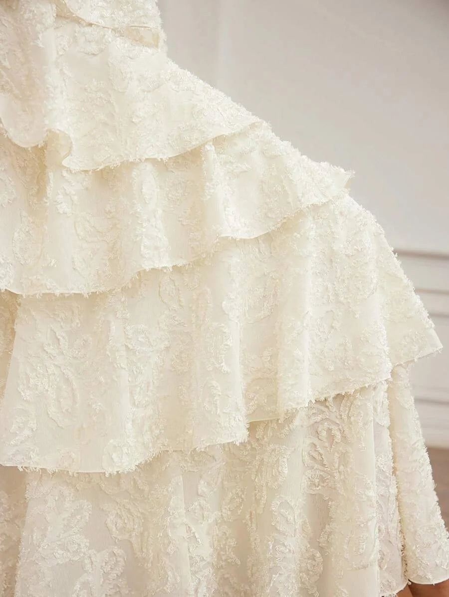 PREMIUM WOVEN WOMENS JACQUARD APPLIQUE LAYERED RUFFLE HEM DRESS