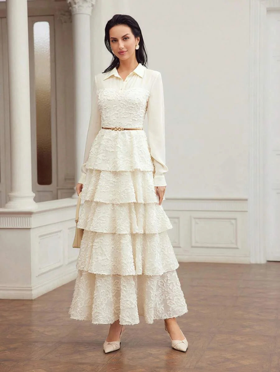 PREMIUM WOVEN WOMENS JACQUARD APPLIQUE LAYERED RUFFLE HEM DRESS