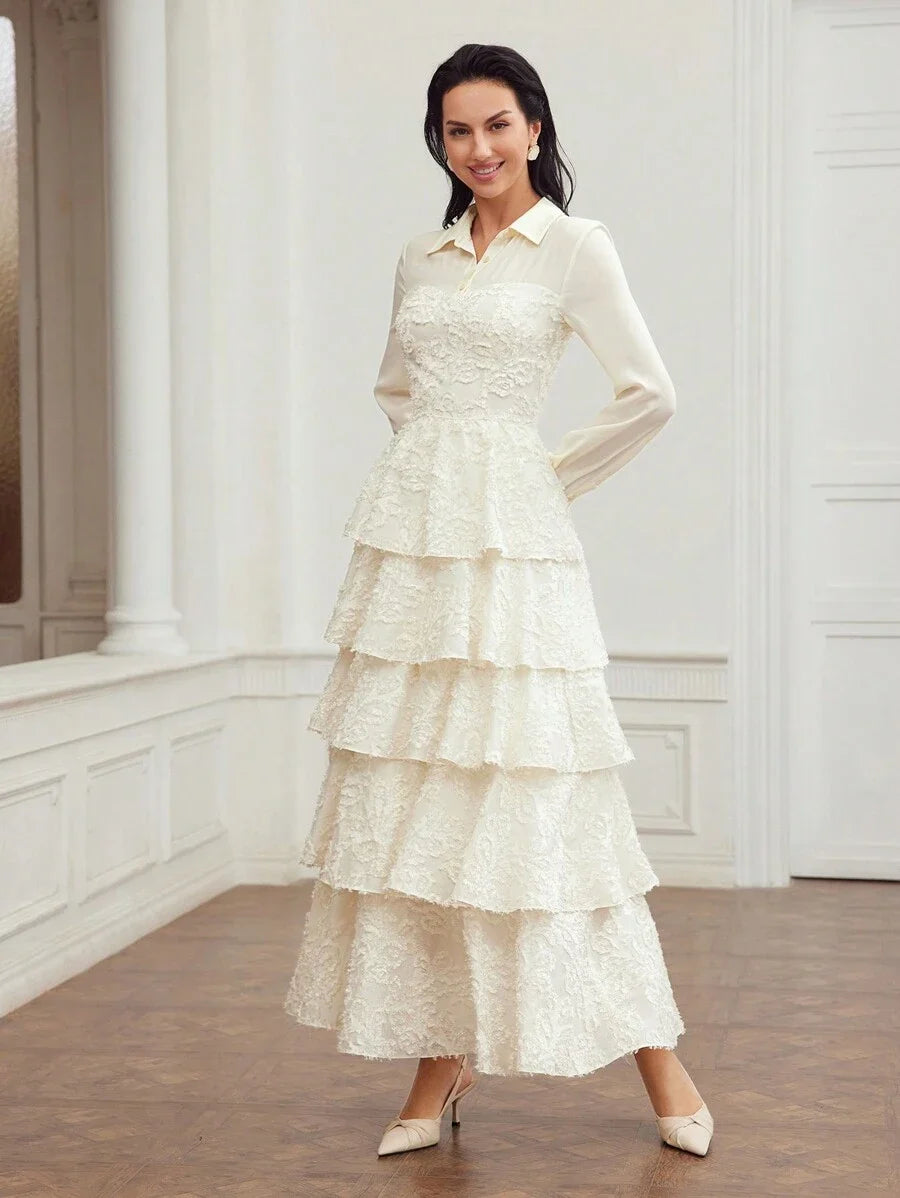 PREMIUM WOVEN WOMENS JACQUARD APPLIQUE LAYERED RUFFLE HEM DRESS