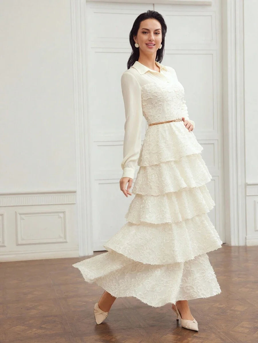 PREMIUM WOVEN WOMENS JACQUARD APPLIQUE LAYERED RUFFLE HEM DRESS