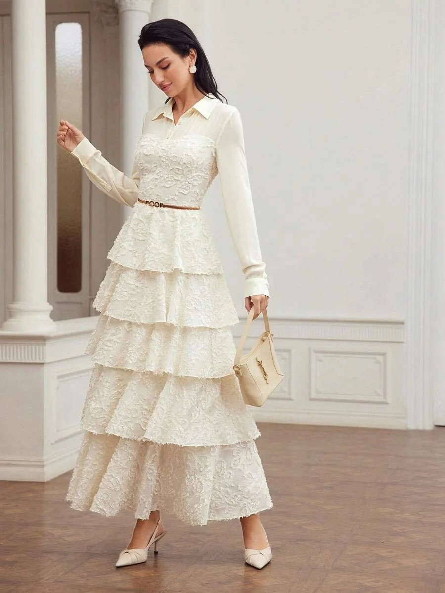 PREMIUM WOVEN WOMENS JACQUARD APPLIQUE LAYERED RUFFLE HEM DRESS