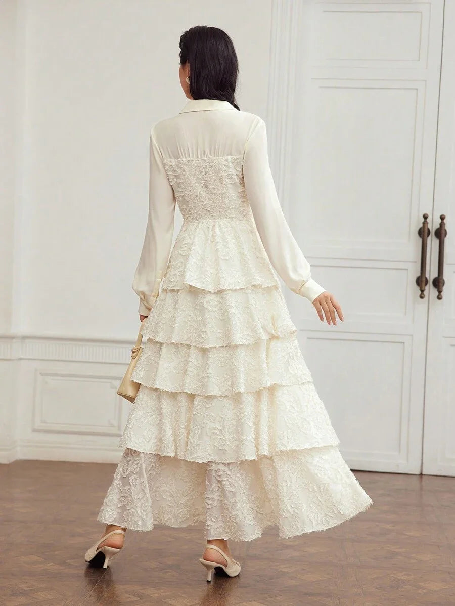 PREMIUM WOVEN WOMENS JACQUARD APPLIQUE LAYERED RUFFLE HEM DRESS