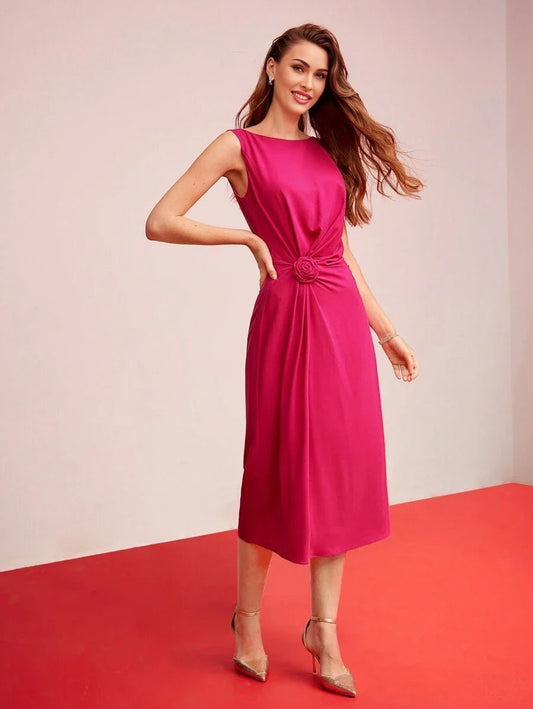 PREMIUM WOVEN WOMENS RUCHED STEREO FLOWER SOLID DRESSVALENTINES DAY OUTFIT