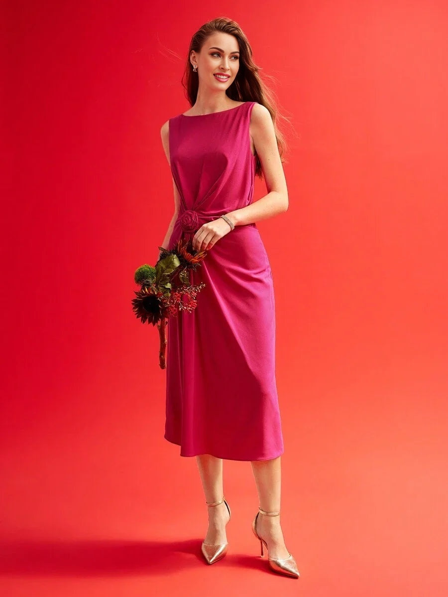 PREMIUM WOVEN WOMENS RUCHED STEREO FLOWER SOLID DRESSVALENTINES DAY OUTFIT