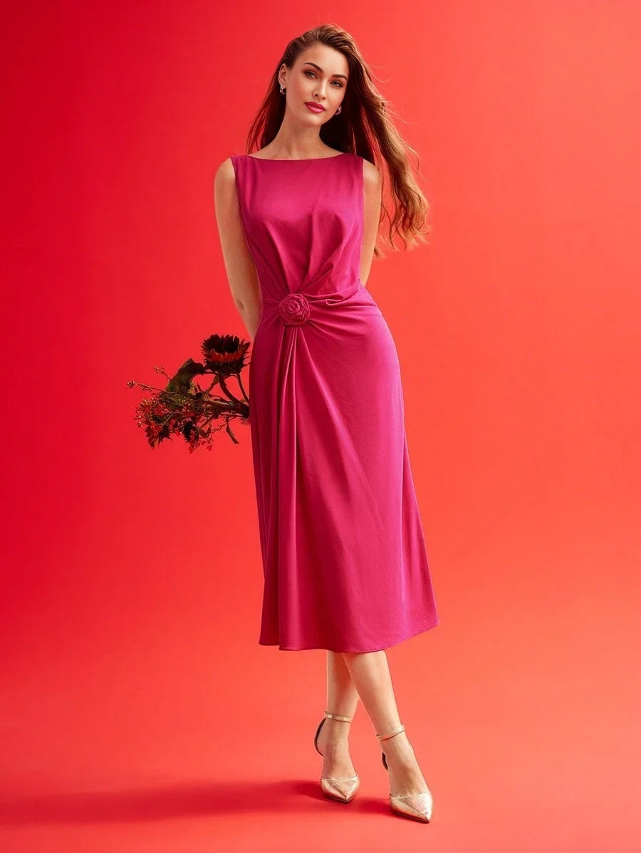 PREMIUM WOVEN WOMENS RUCHED STEREO FLOWER SOLID DRESSVALENTINES DAY OUTFIT