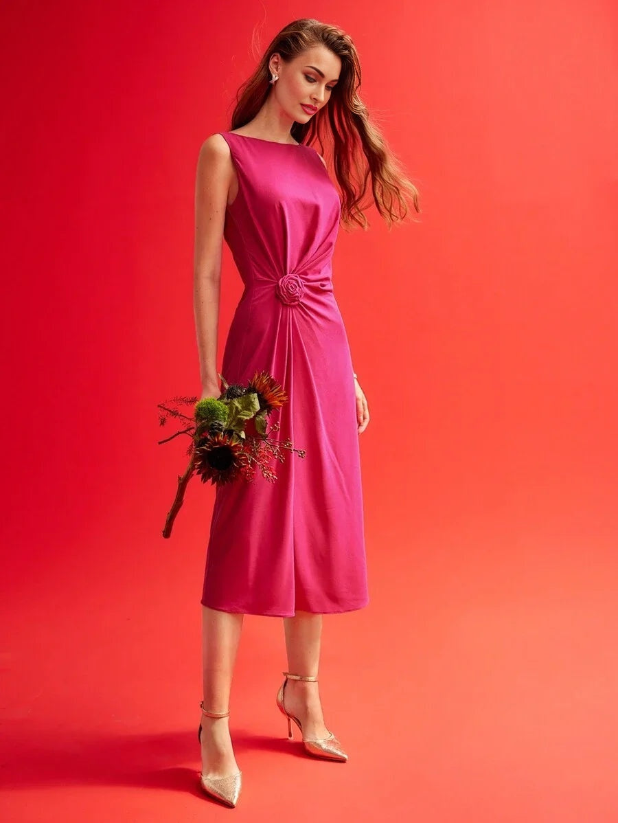 PREMIUM WOVEN WOMENS RUCHED STEREO FLOWER SOLID DRESSVALENTINES DAY OUTFIT