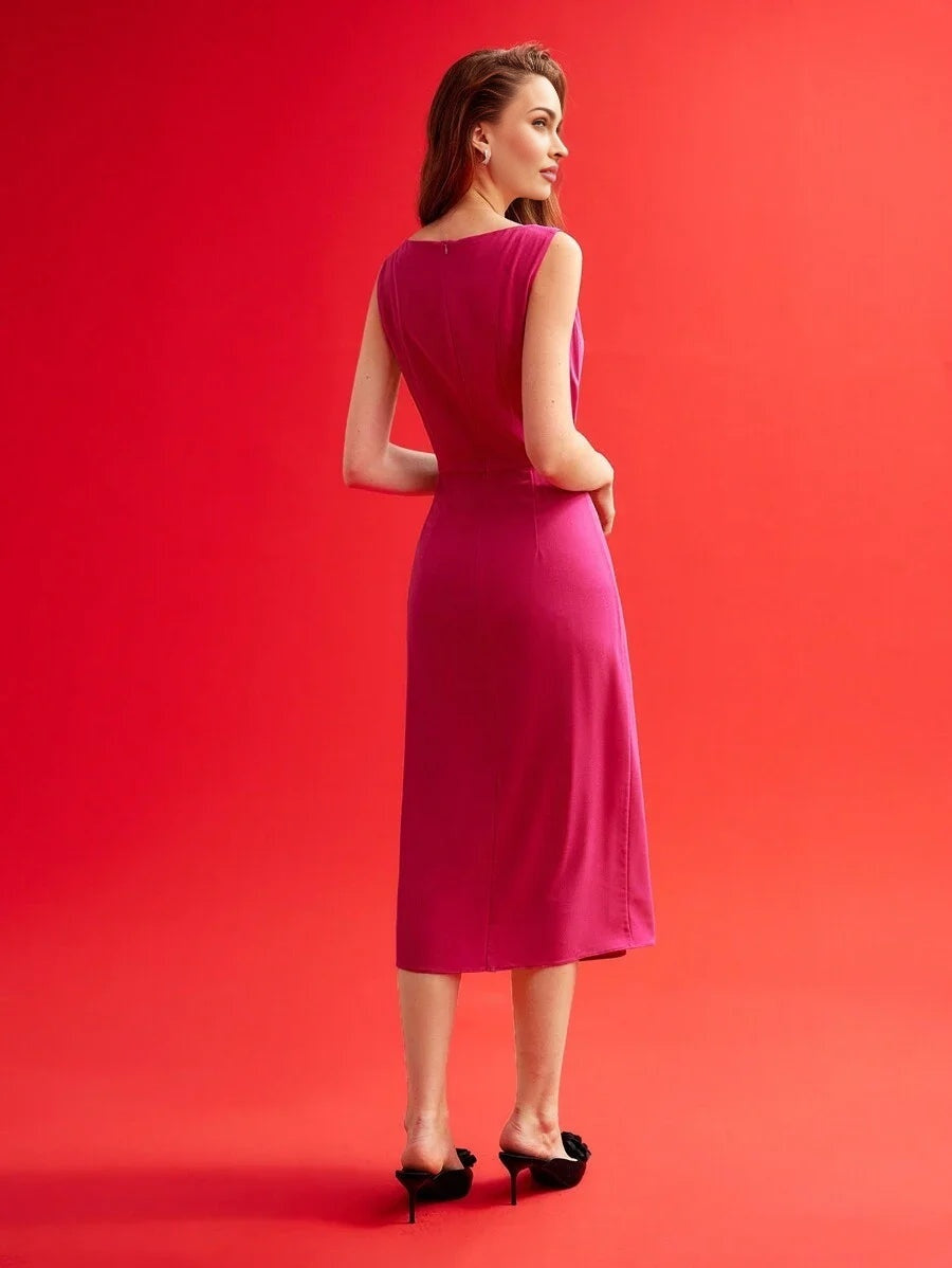 PREMIUM WOVEN WOMENS RUCHED STEREO FLOWER SOLID DRESSVALENTINES DAY OUTFIT