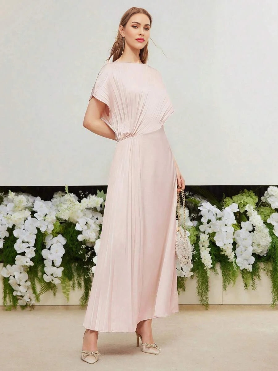 PREMIUM WOVEN WOMENS SOLID PLEATED BATWING SLEEVE DRESS WEDDING GUEST DRESS WOMEN