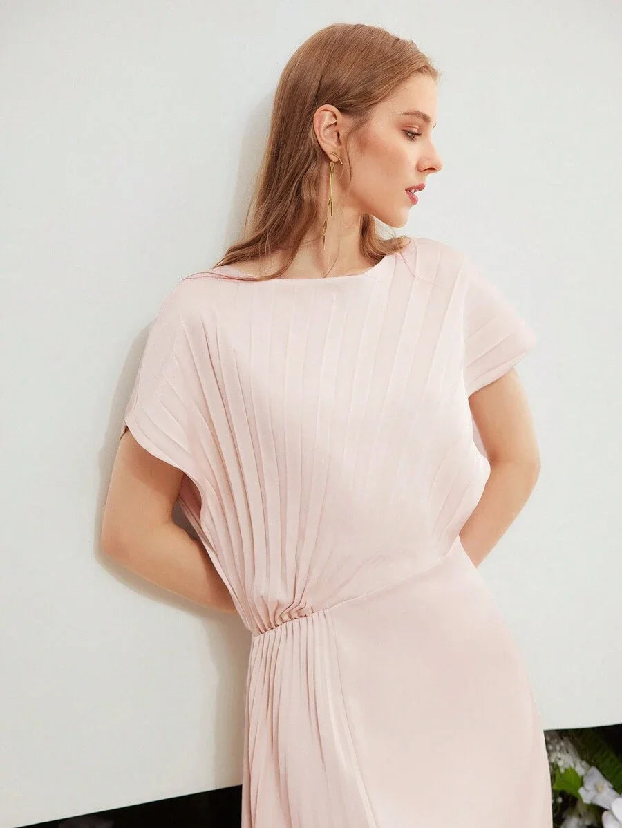 PREMIUM WOVEN WOMENS SOLID PLEATED BATWING SLEEVE DRESS WEDDING GUEST DRESS WOMEN