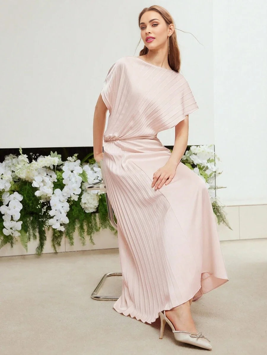 PREMIUM WOVEN WOMENS SOLID PLEATED BATWING SLEEVE DRESS WEDDING GUEST DRESS WOMEN