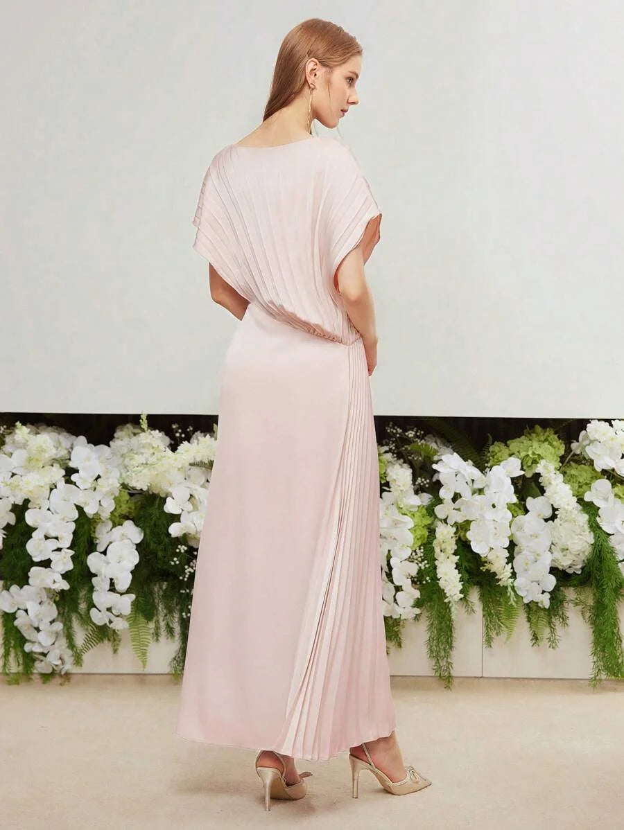 PREMIUM WOVEN WOMENS SOLID PLEATED BATWING SLEEVE DRESS WEDDING GUEST DRESS WOMEN