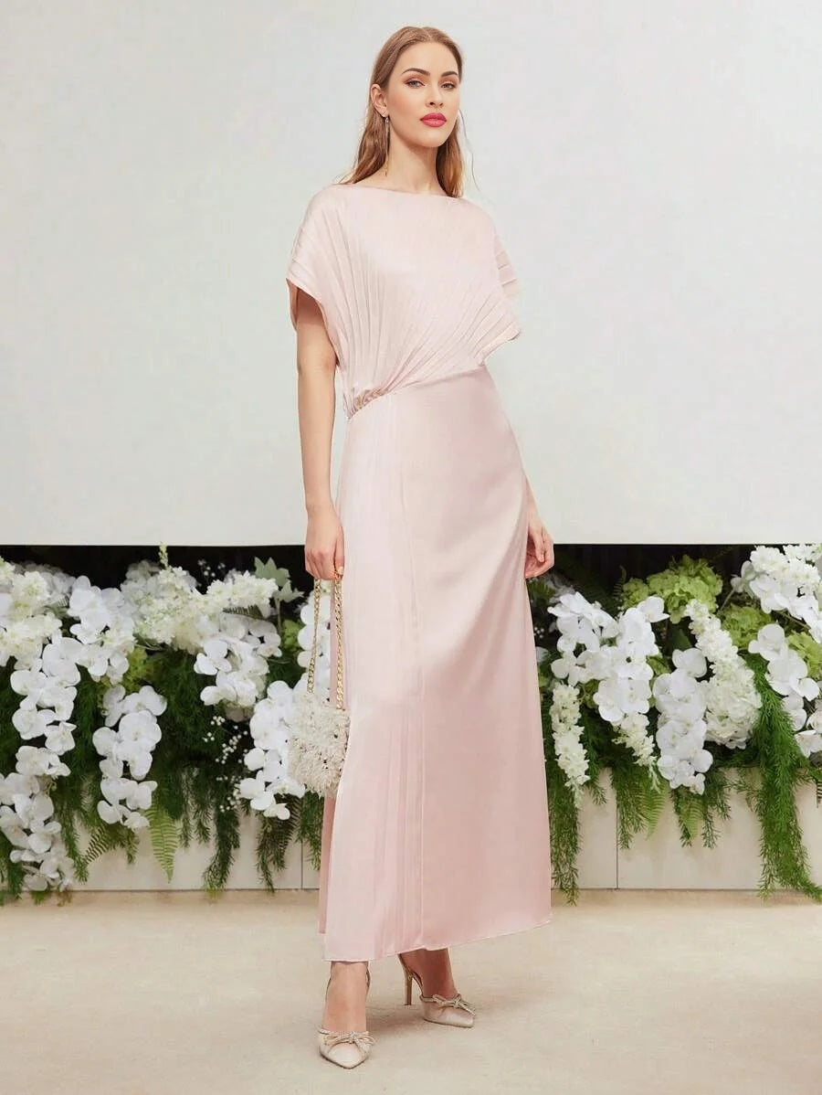 PREMIUM WOVEN WOMENS SOLID PLEATED BATWING SLEEVE DRESS WEDDING GUEST DRESS WOMEN