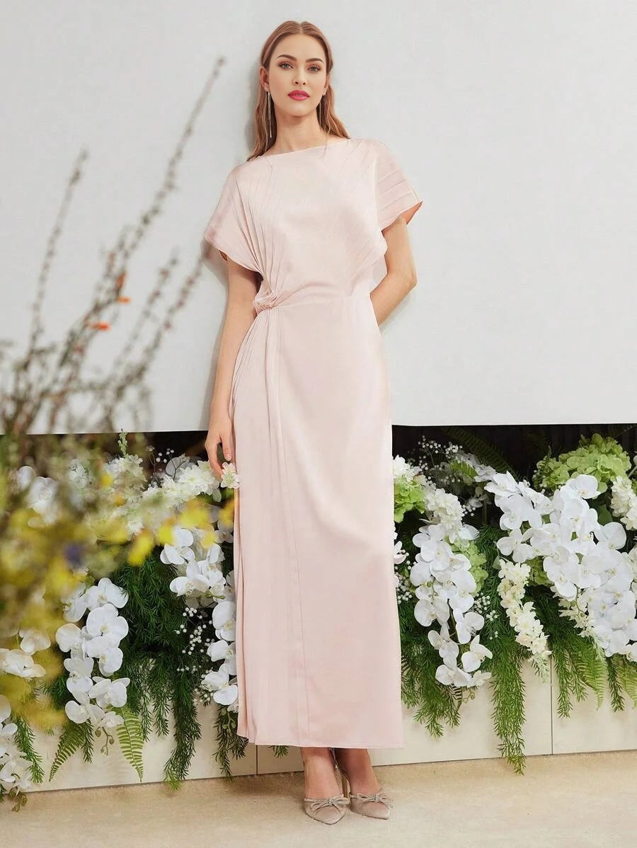 PREMIUM WOVEN WOMENS SOLID PLEATED BATWING SLEEVE DRESS WEDDING GUEST DRESS WOMEN