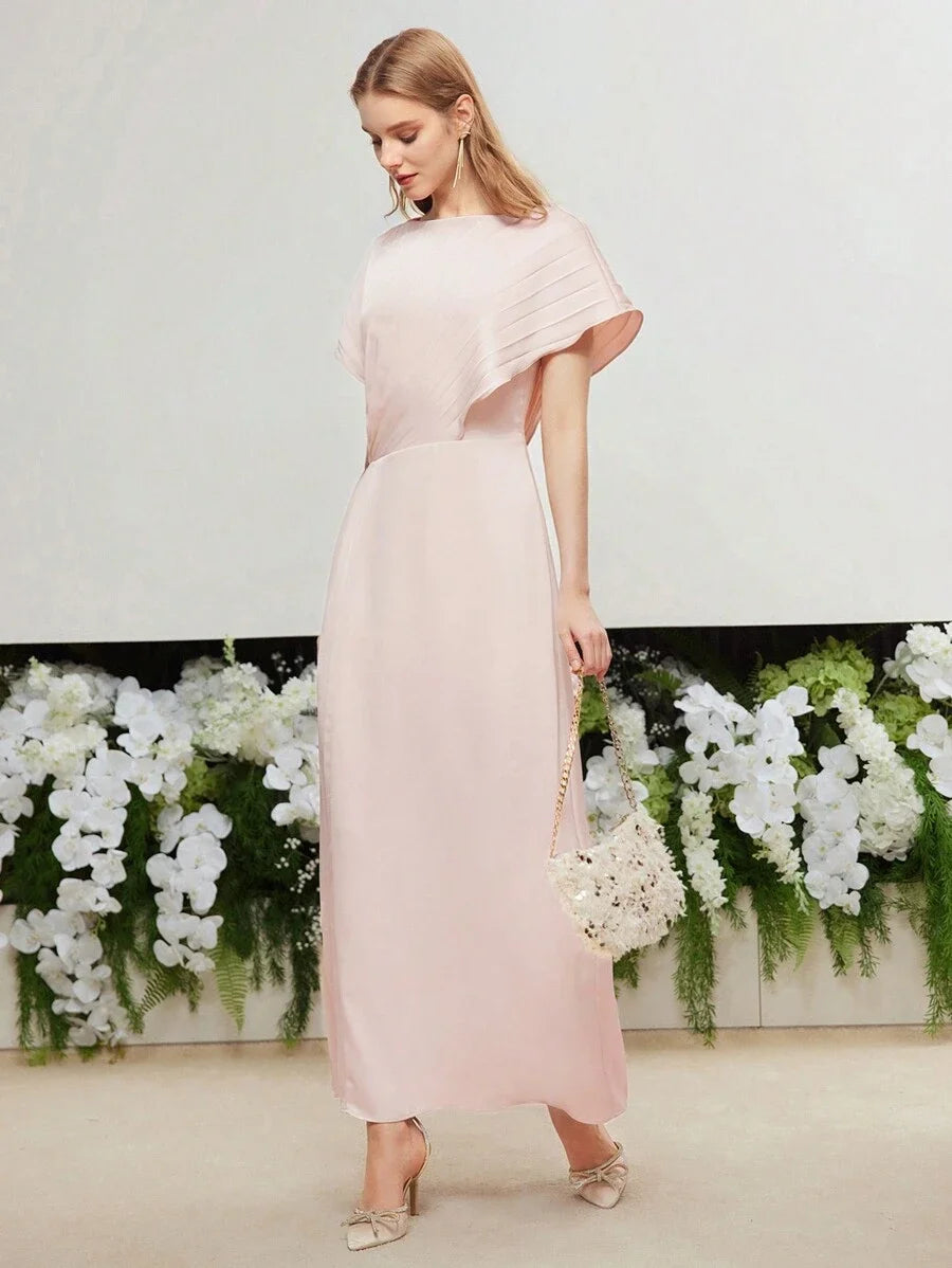 PREMIUM WOVEN WOMENS SOLID PLEATED BATWING SLEEVE DRESS WEDDING GUEST DRESS WOMEN