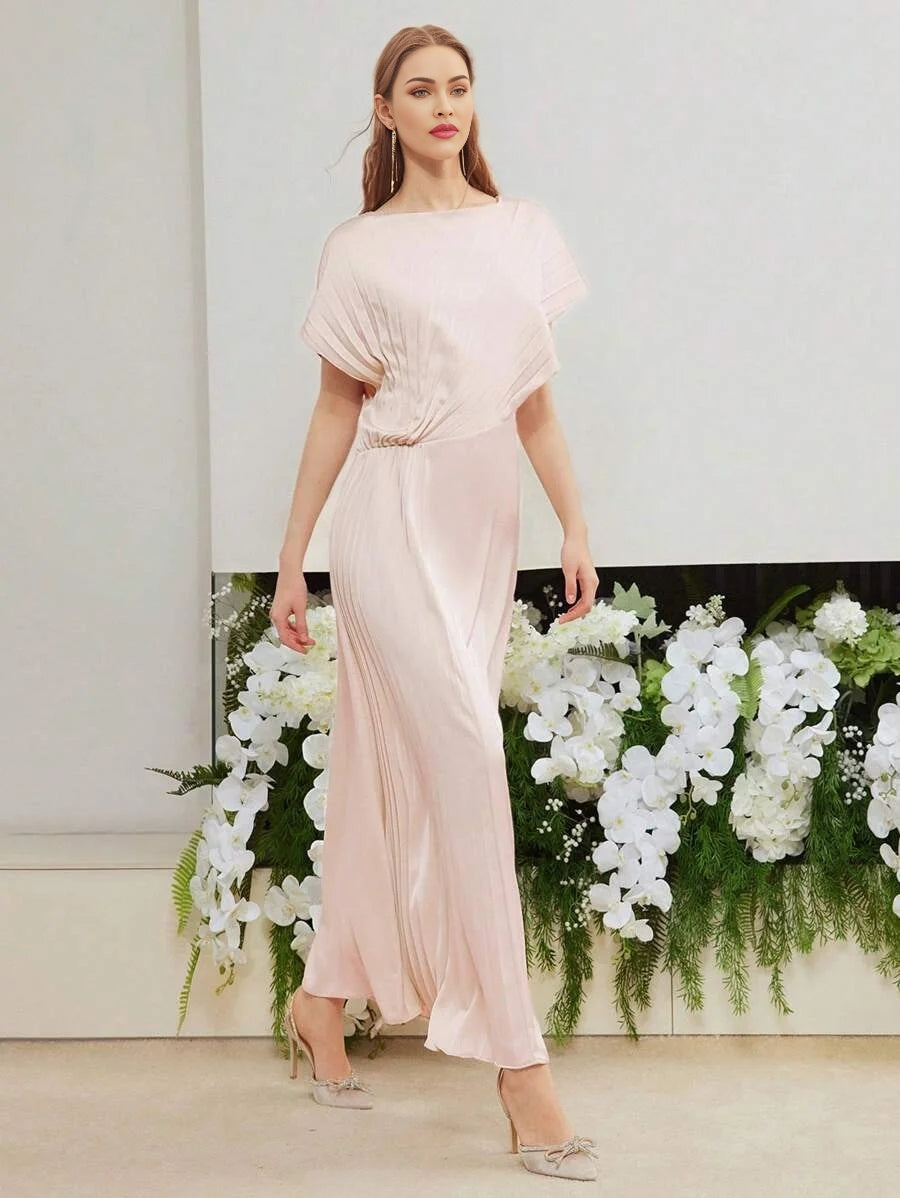 PREMIUM WOVEN WOMENS SOLID PLEATED BATWING SLEEVE DRESS WEDDING GUEST DRESS WOMEN