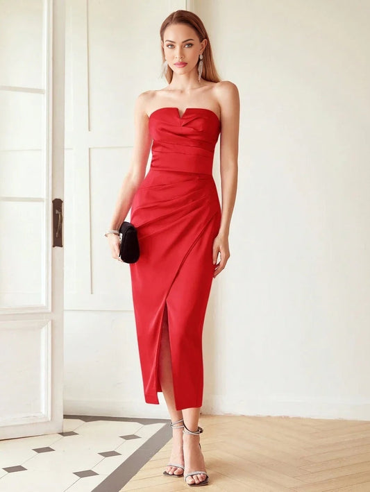 PREMIUM WOVEN WOMENS WRAP PLEATED STRAPLESS DRESS