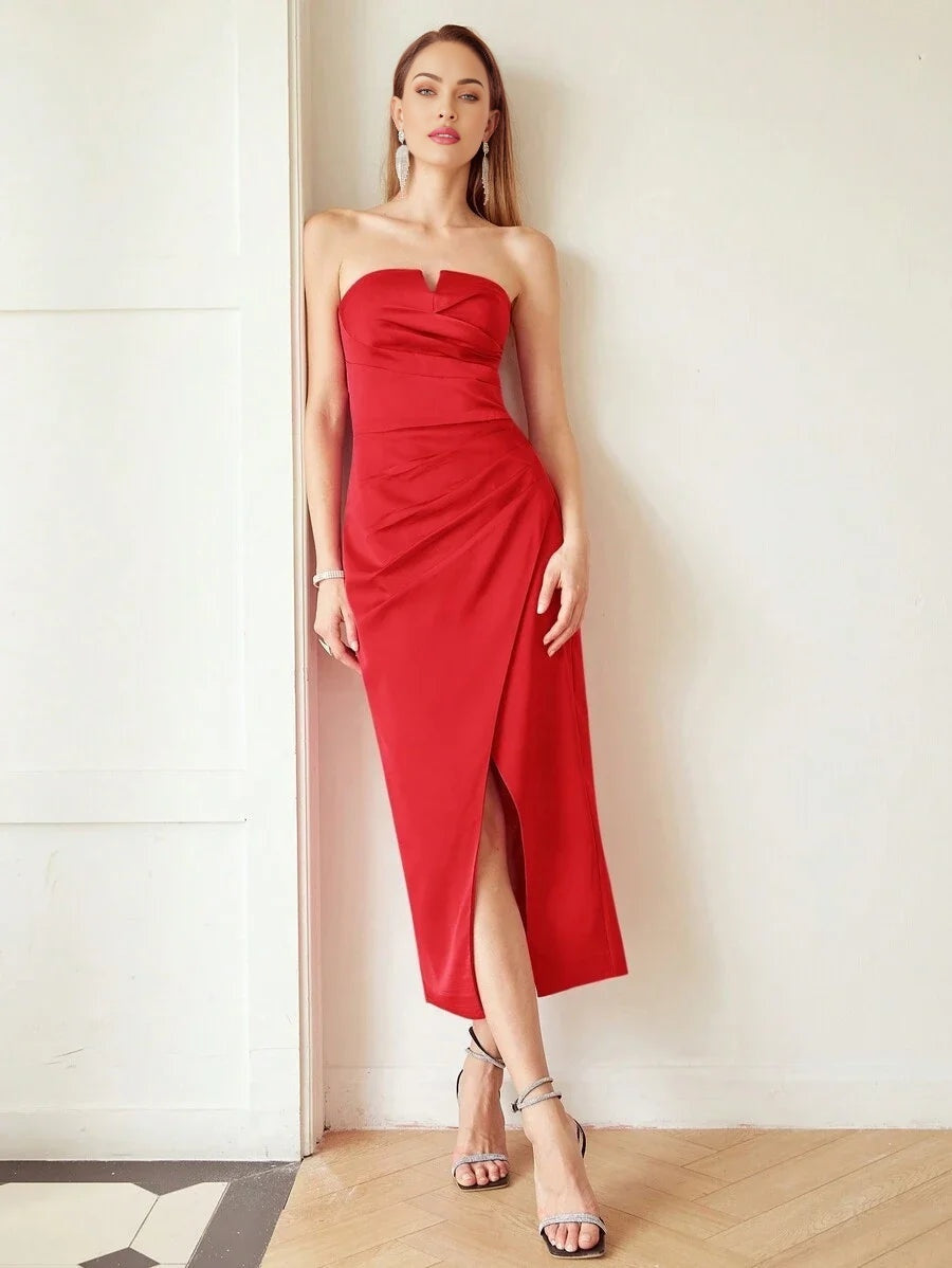 PREMIUM WOVEN WOMENS WRAP PLEATED STRAPLESS DRESS