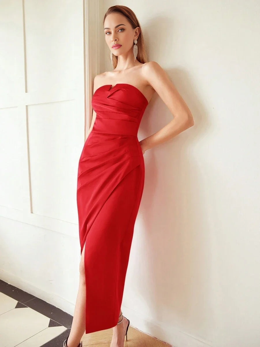 PREMIUM WOVEN WOMENS WRAP PLEATED STRAPLESS DRESS