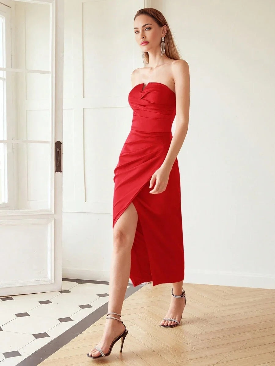 PREMIUM WOVEN WOMENS WRAP PLEATED STRAPLESS DRESS