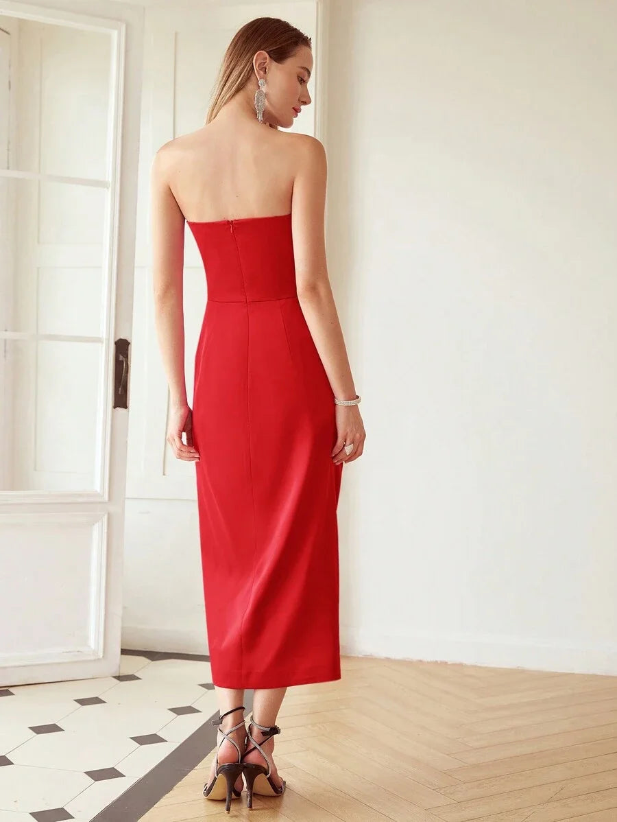 PREMIUM WOVEN WOMENS WRAP PLEATED STRAPLESS DRESS