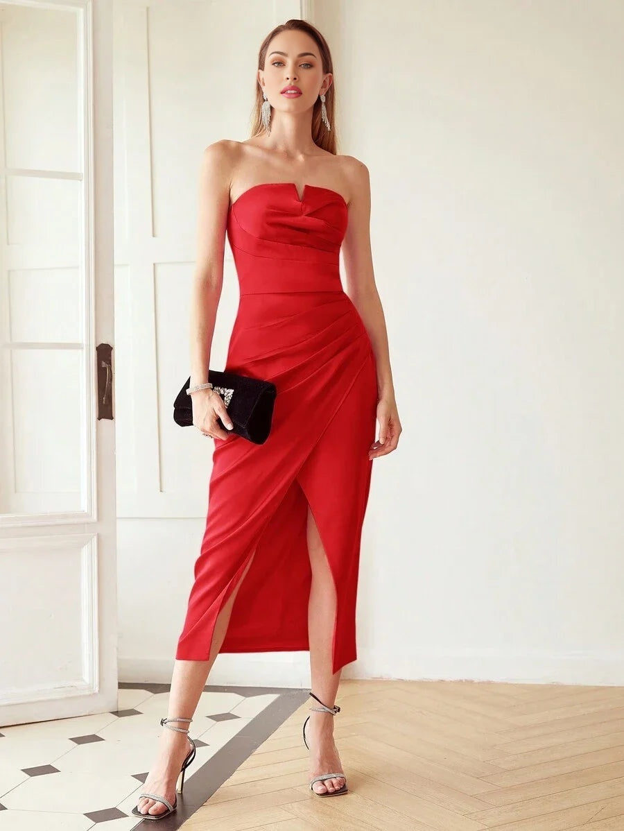 PREMIUM WOVEN WOMENS WRAP PLEATED STRAPLESS DRESS