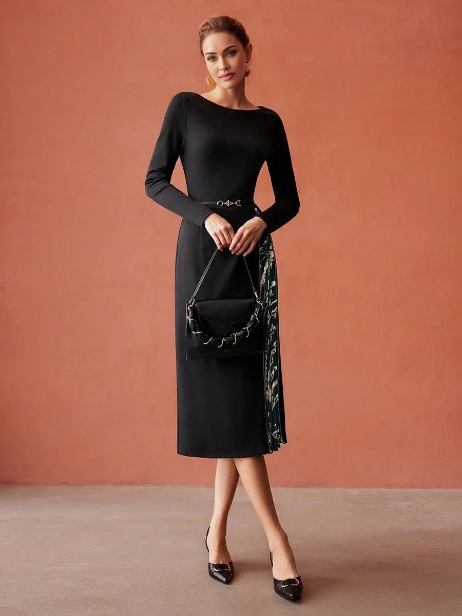 PREMIUM ZIPPER PLEATED MIDI DRESS WITHOUT BELT