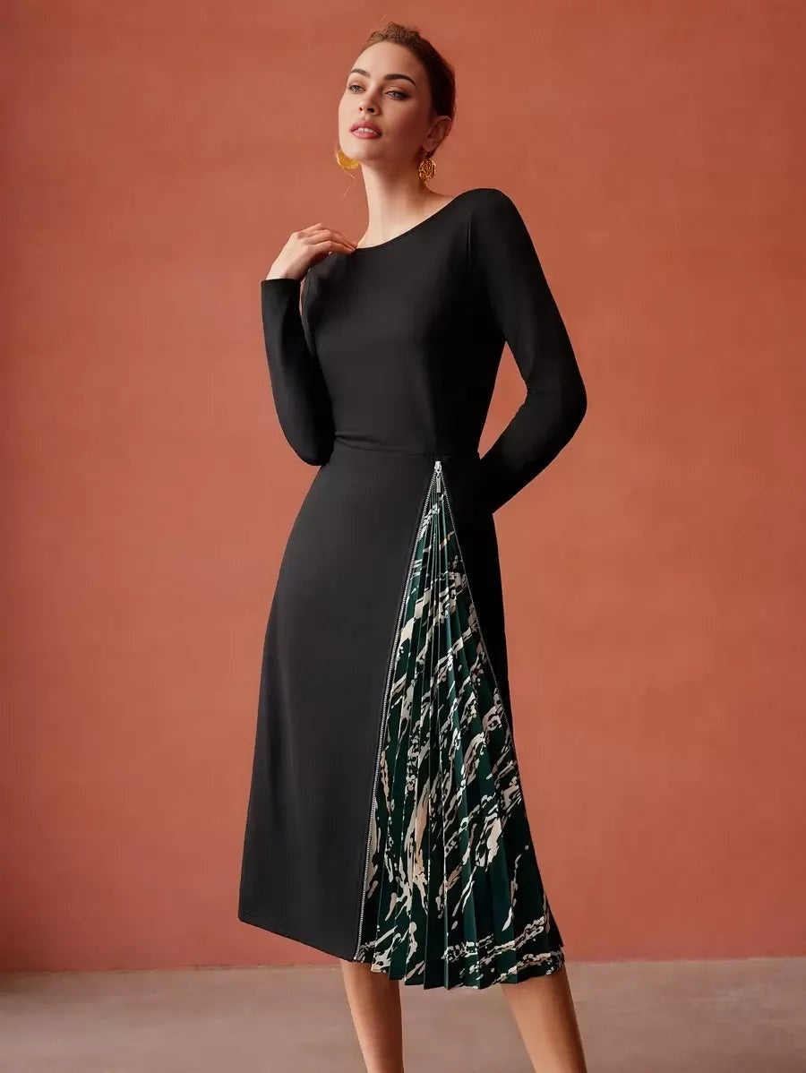 PREMIUM ZIPPER PLEATED MIDI DRESS WITHOUT BELT