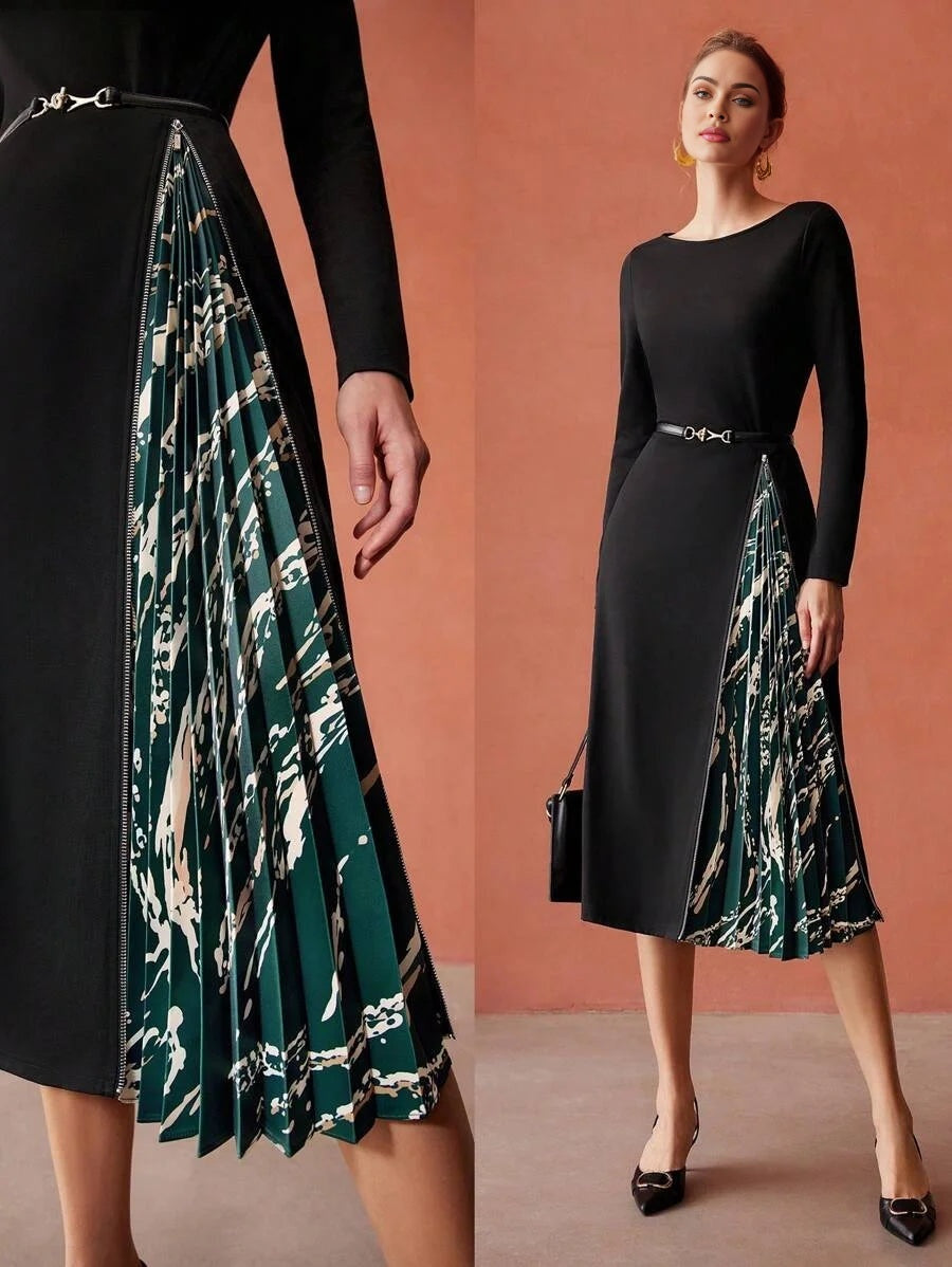 PREMIUM ZIPPER PLEATED MIDI DRESS WITHOUT BELT