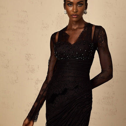 Presley Black Maxi Dress V-neck Long Sleeves Fitted Waistline Floral Lace Rhinestone Embellishment Pleated Ruched Detailing Rear Zip Fastening Mermaid Hem 100% Terylene Fiber