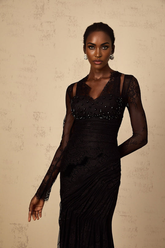 Presley Black Maxi Dress V-neck Long Sleeves Fitted Waistline Floral Lace Rhinestone Embellishment Pleated Ruched Detailing Rear Zip Fastening Mermaid Hem 100% Terylene Fiber