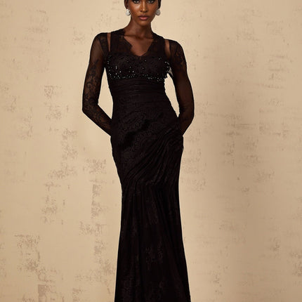 Presley Black Maxi Dress V-neck Long Sleeve Fitted Waistline Floral Lace Rhinestone Embellishment Pleated Ruched Detailing Mermaid Hem Rear Zip Fastening 100% Terylene Fiber
