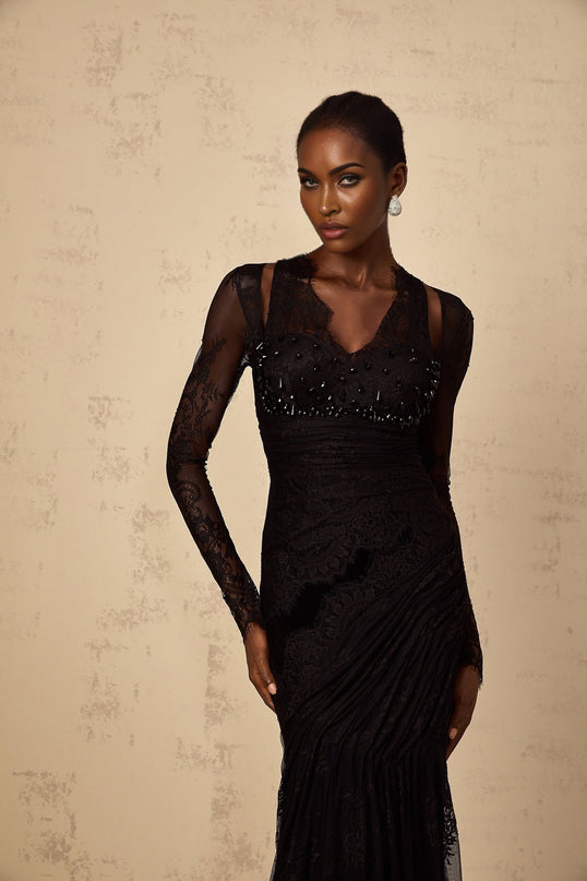 Presley Black Maxi Dress with V-Neck and Floral Lace Detailing