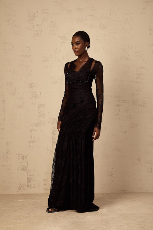 Presley Black Maxi Dress V-neck Long Sleeves Fitted Waistline Floral Lace Rhinestone Embellishment Pleated Ruched Detailing Rear Zip Fastening Mermaid Hem 100% Terylene Fiber