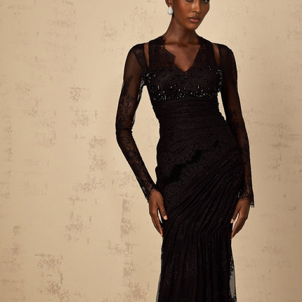 Presley Black Maxi Dress V-neck Long Sleeves Fitted Waistline Floral Lace Rhinestone Embellishment Pleated Ruched Detailing Mermaid Hem Rear Zip Fastening 100% Terylene Fiber