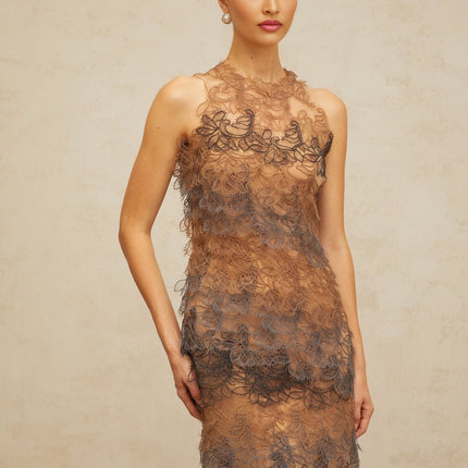 Presley Brown Grey Corded Lace Mini Dress