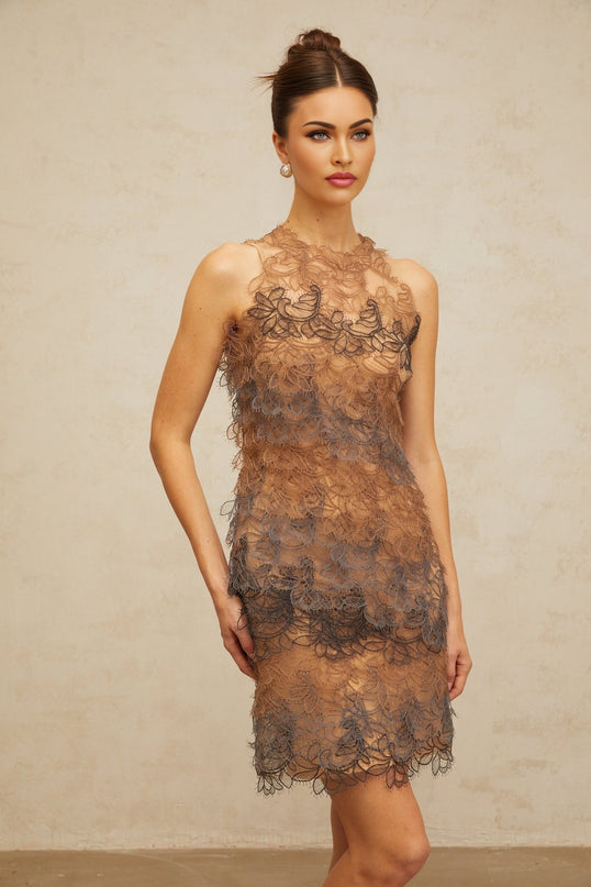 Presley Brown Grey Corded Lace Mini Dress