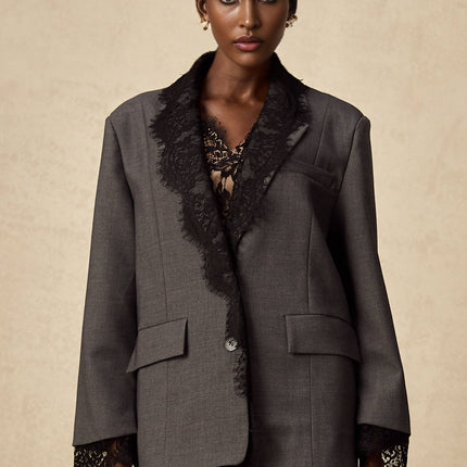 Presley Grey Lace Panel Blazer Chest Welt Pocket Notched Lapels Button Fastening Long Sleeves Buttoned Cuffs 95% Cotton 5% Polyester Sophisticated Timeless Versatile Day Evening
