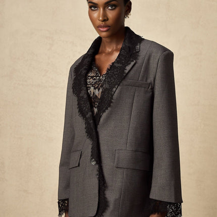 Presley Grey Lace Panel Blazer Chest Welt Pocket Notched Lapels Button Fastening Long Sleeves Buttoned Cuffs 95% Cotton 5% Polyester Sophisticated Timeless Versatile Day Evening