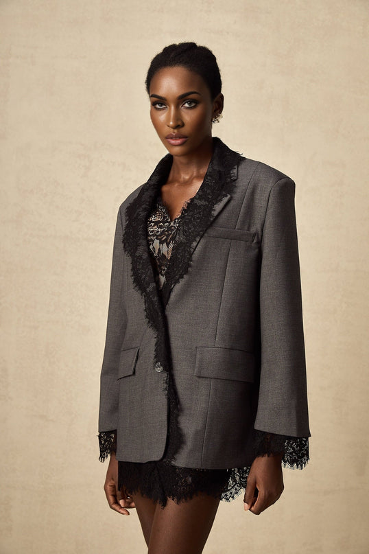 Presley Grey Lace Panel Blazer Chest Welt Pocket Notched Lapels Button Fastening Long Sleeves Buttoned Cuffs 95% Cotton 5% Polyester Sophisticated Timeless Versatile Day Evening